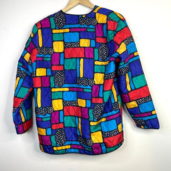 Vintage Rhoda Lynne Quilted Silk Open Jacket 90s Colorful Oversized Womens S - Picture 10 of 15